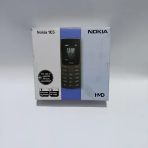 Nokia 105 Dual SIM feature phone in charcoal blue on a wooden desk showing the classic Snake game and built-in flashlight.