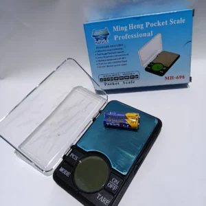MH-696 professional digital pocket scale with stainless steel platform and blue backlit LCD display.