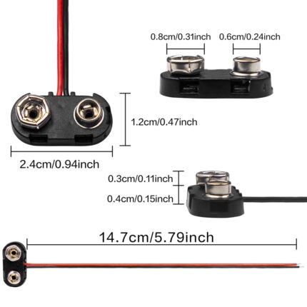 9V Block Battery Connector – Snap Clip with Wires for Electronics Projects