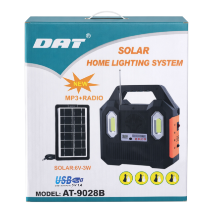 DAT solar home lighting system with FM radio, 3 bulbs and USB phone charging for off-grid lighting