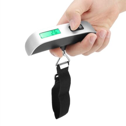 Digital luggage scale hanging baggage scale with LCD display 50kg capacity on white background