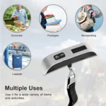 Digital luggage scale hanging baggage scale with LCD display and temperature sensor 50kg capacity on white background