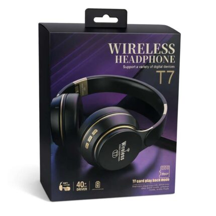 T7 wireless over ear headphones black with padded cushions and modern design