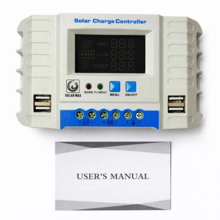 Solarmax 30A solar charge controller with digital display and dual USB outputs for 12V/24V solar systems.