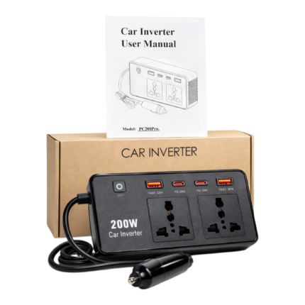 200W car inverter extension cable with two USB-A ports, two USB-C ports, and dual universal AC sockets