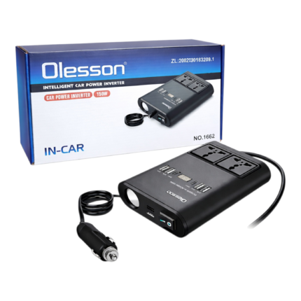car inverter converting DC 12V/24V to 220VAC with two universal sockets and multiple USB charging ports