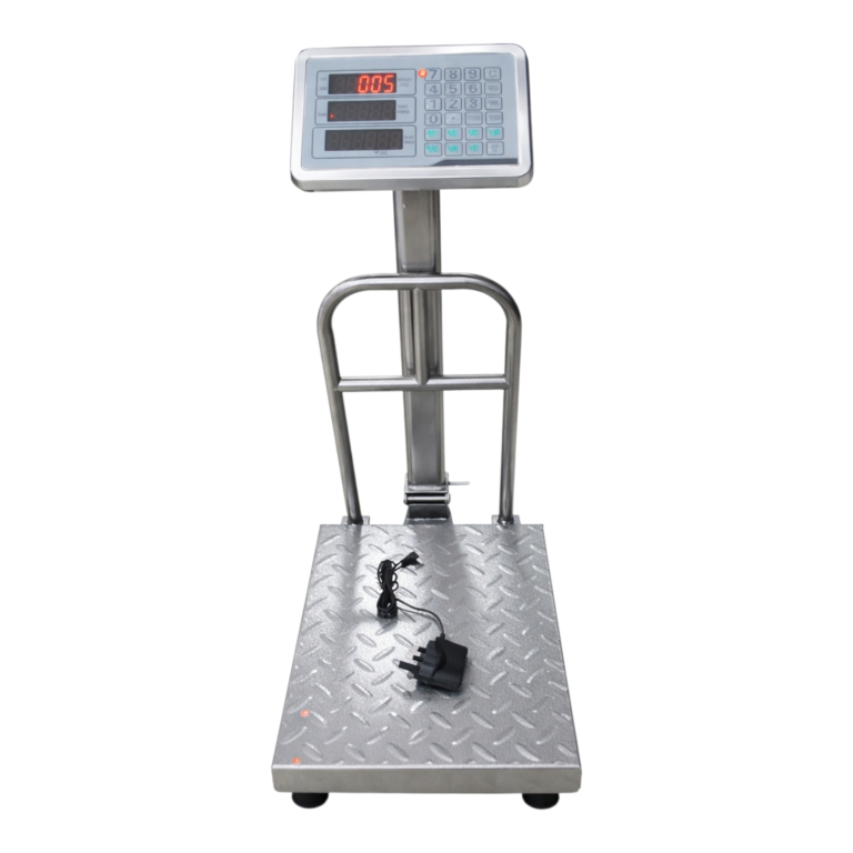 150kg heavy duty industrial digital platform weighing scale with raised pole display for weighing sacks, cartons, and produce.