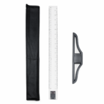 90cm clear plastic T-square ruler with printed measurements and protective storage pouch.