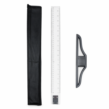 90cm clear plastic T-square ruler with printed measurements and protective storage pouch.