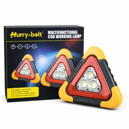 Hurrybolt multifunctional COB warning light with solar and USB charging, red flash mode, and portable floodlight design.