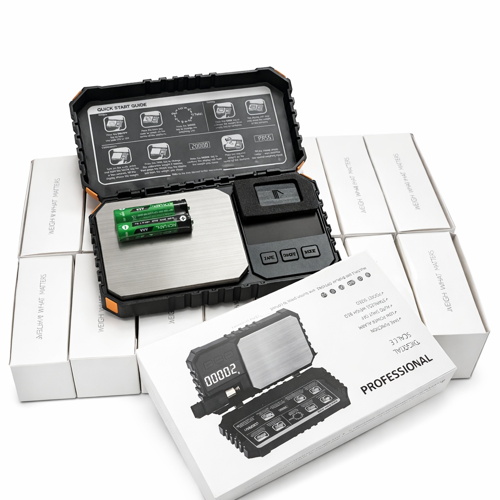 Professional digital pocket scale with 0.01g accuracy, calibration weight, and bright LCD display for precise weighing.