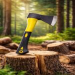 Hand axe with hardened steel blade and ergonomic yellow-black anti-slip handle