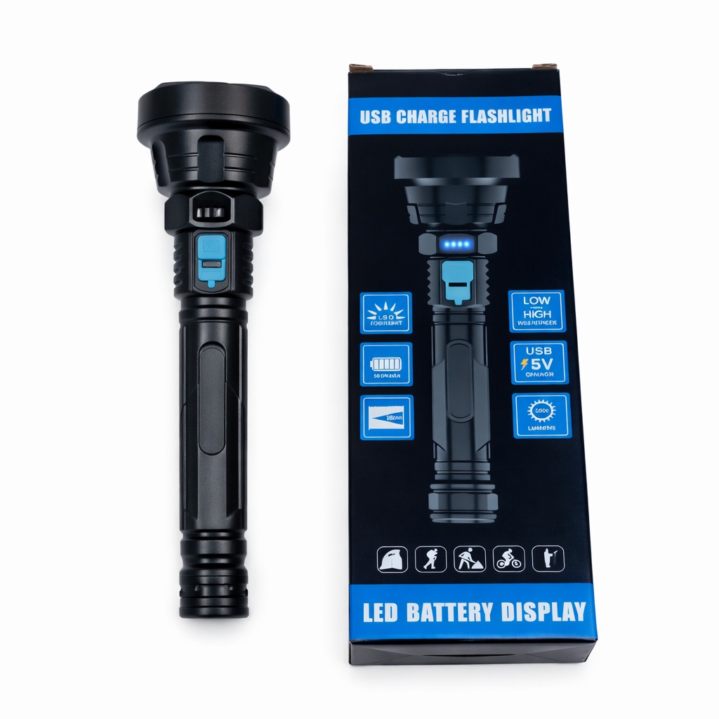 USB rechargeable LED flashlight with battery display and high-intensity beam