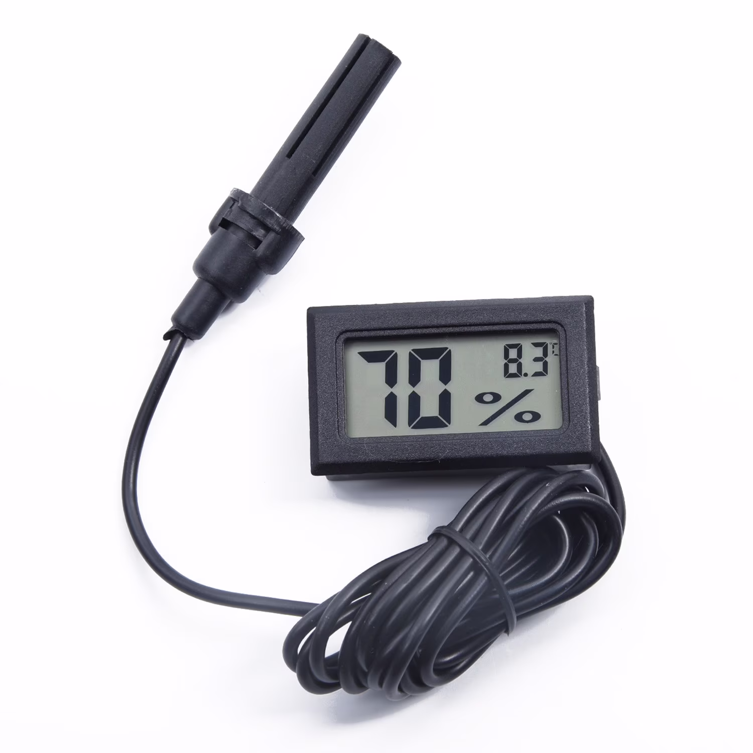 Black digital LCD hygrometer thermometer with a wired probe showing indoor humidity and temperature readings for a home office or reptile tank.