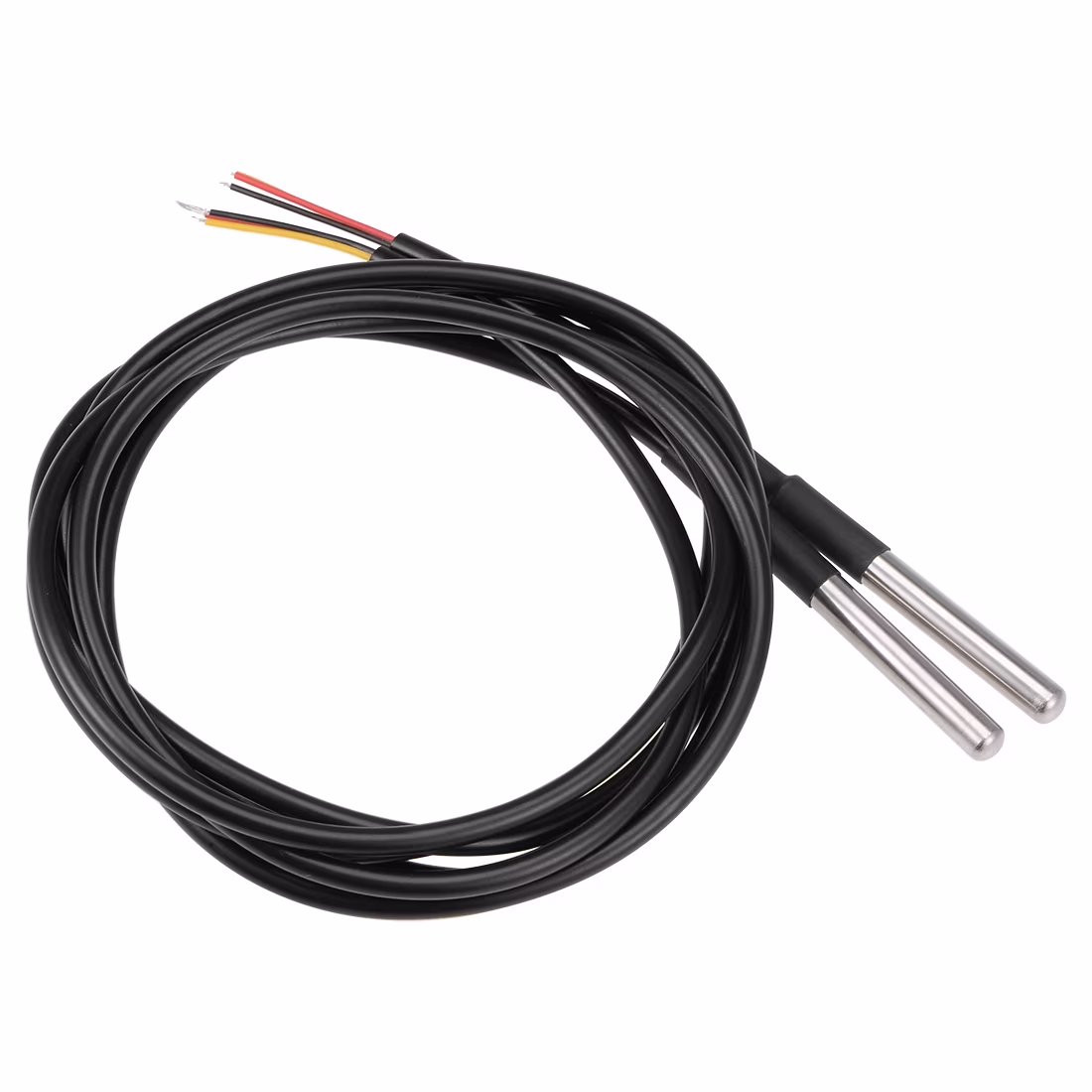 DS18B20 waterproof digital temperature probe with stainless steel tip and 1-meter black cable connected to a microcontroller.