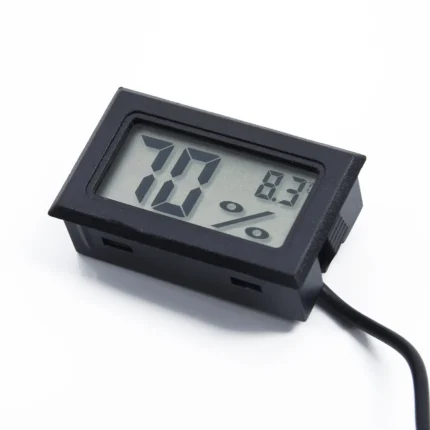 Black digital LCD hygrometer thermometer with a wired external probe, displaying indoor temperature and humidity for home, office, or incubator use.