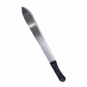 Close-up of an 18-inch heavy duty stainless steel panga with a shiny rust-resistant blade and a black textured rubber handle, shown against a clean white background.