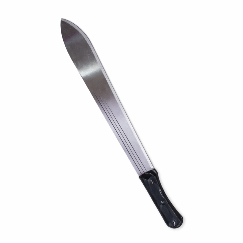 Close-up of an 18-inch heavy duty stainless steel panga with a shiny rust-resistant blade and a black textured rubber handle, shown against a clean white background.