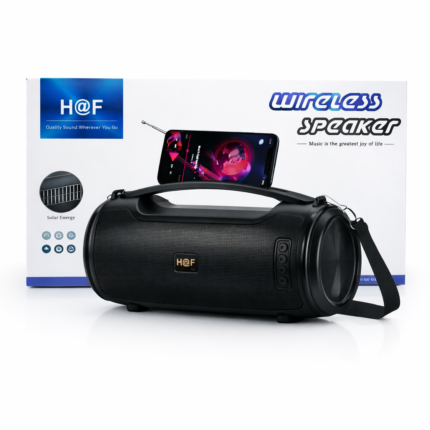 F39 wireless Bluetooth speaker with solar charging, FM radio, USB playback, antenna, and hanging strap