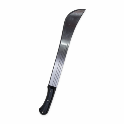 An 18-inch heavy-duty stainless steel panga with a curved tip and a black textured rubber handle, designed for professional clearing.