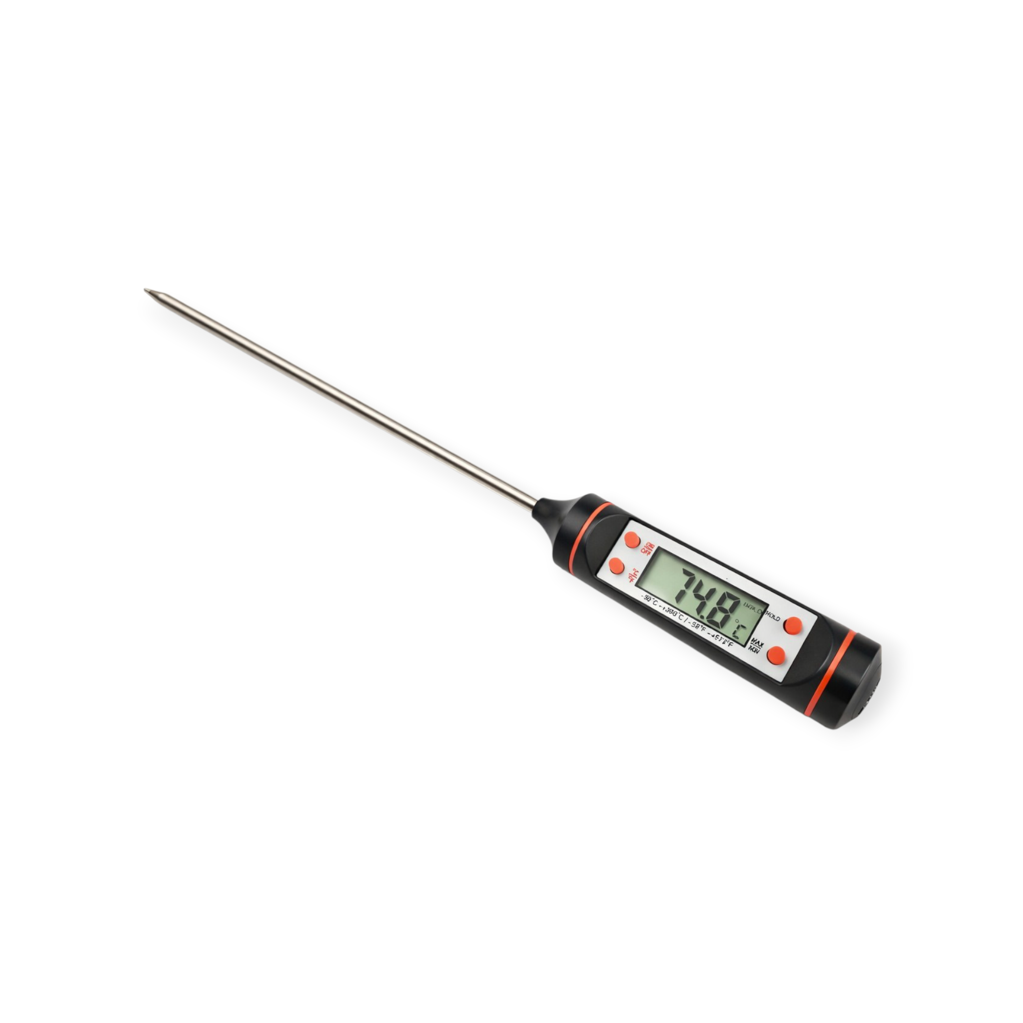 Digital food thermometer with instant read display and stainless steel probe