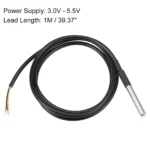 A high-quality waterproof DS18B20 temperature probe with a stainless steel tip and 1-meter black cable, ready for electronics projects.